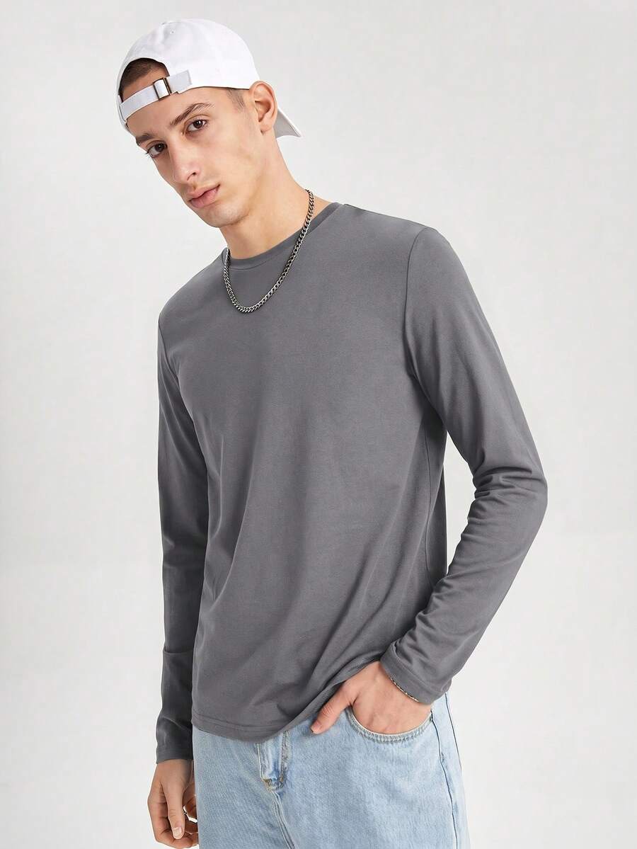 SWAVVY Men's Casual Solid Color Long Sleeve T-Shirt, Minimalist Versatile For Daily Wear, Spring/Autumn - Dark Grey - View 1