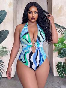 Slaydiva 2026 New Women's Spring/Summer Halter Neck Wavy Print Beach Swimsuit, Plus Size - Multicolor - View 1