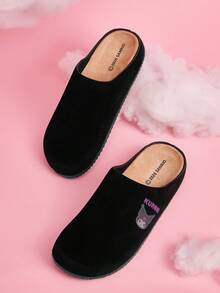 HELLO KITTY AND FRIENDS | SHEIN CUCCOO Women Casual Versatile Plush Round Toe Fluffy Flat Slippers For Christmas - Black - View 2