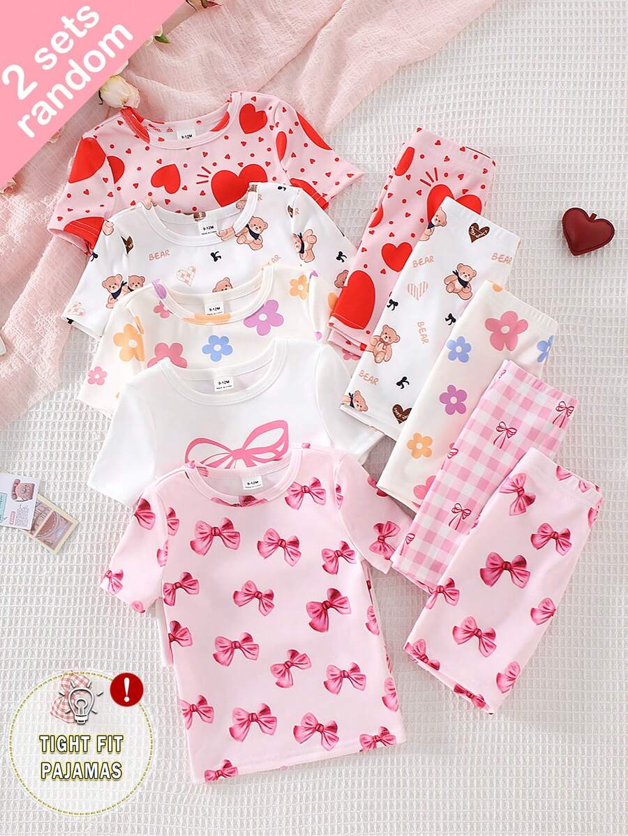 SHEIN [5-Set Random Delivery 2-Set] Baby Girls' Short Sleeve Pajama Set, Summer Thin Knit Fabric, Heart, Flower, Bow, Bear Print, Comfortable Tight Fit Round Neck Tee And Shorts Sleepwear Set - Multicolor - View 1