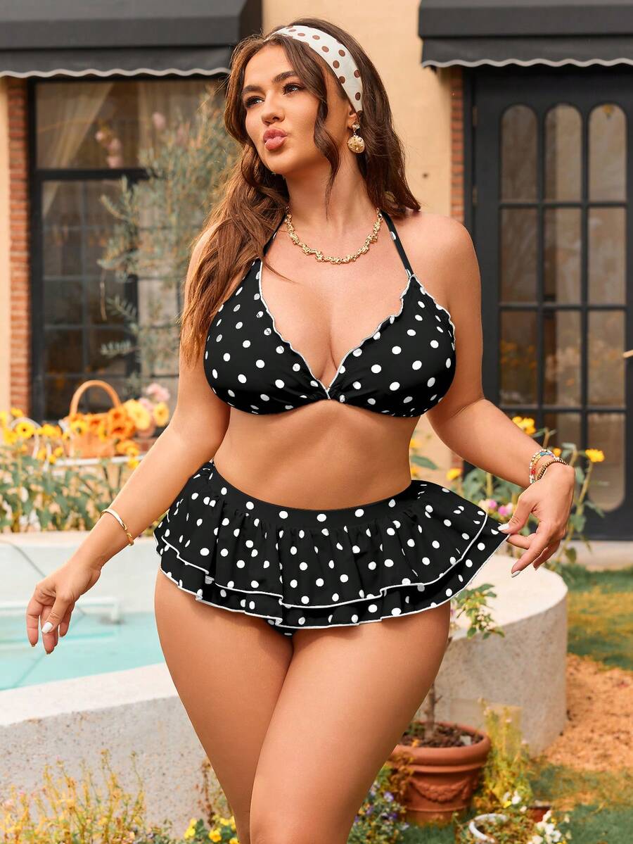Swim Mod Bộ đồ bơi tankini cỡ lớn dành cho nữ, kiểu dáng ngọt ngào và dễ thương, tối giản, họa tiết chấm bi ngẫu nhiên, kiểu buộc dây cổ và viền bèo nhún, thích hợp cho kỳ nghỉ biển. - màu đen - Xem 1