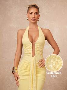 Lumalex Women's Elegant Solid Color Lace Patchwork Backless Dress, Summer Party Night Pale Yellow.Suitable For Wedding Guests - Pale Yellow - View 6