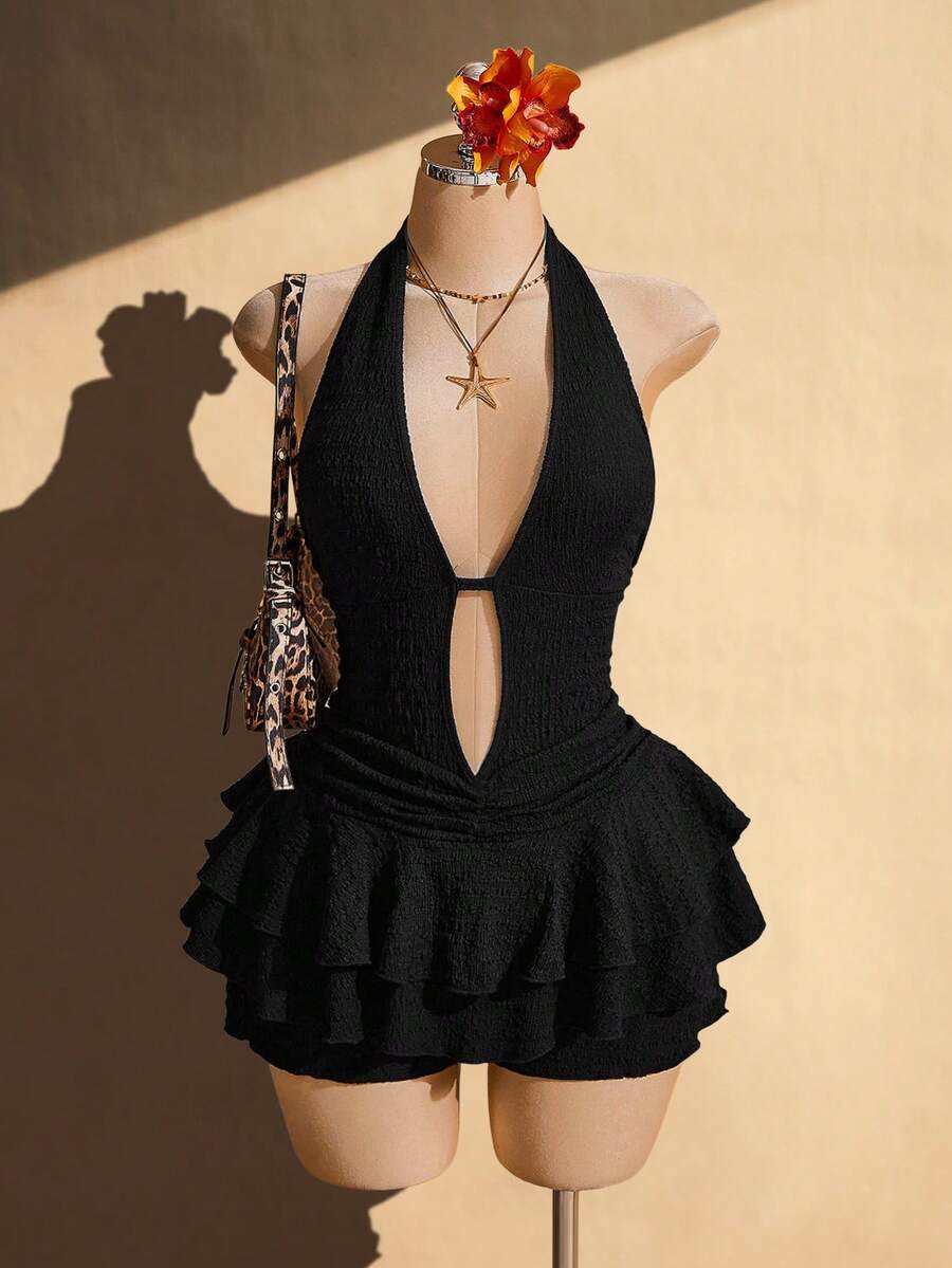 SHEIN ICON 大码女式露背深V性感连体裤 - 黑色 - 查看 1