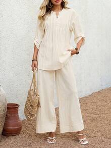 EMERY ROSE Women's Casual Solid Color Notched Neck Loose Top And Wide Leg Pants 2 Pieces Set,Summer Outfits For Women - Beige - View 8