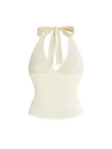 ROMWE Grunge Punk Top de tirantes de diseño minimalista con cintura fruncida y cuello halter, unicolor, para talla grande, para verano - Beis - Ver 2