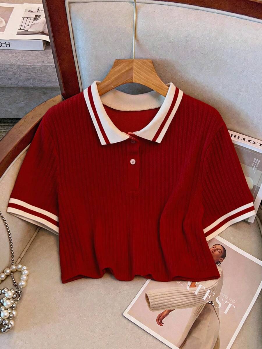 GlowEve CURVE Plus Size Colorblock Polo Collar Casual Summer Knit T-Shirt - Red - View 1