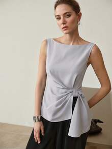 MOTF PREMIUM ELEGANT ASYMMETRIC HEM SLEEVELESS BLOUSE - Grey - View 6