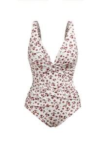 SHEIN Vacation Pool Party Beach Women Checkered Prints Simple Style Sexy Tropical One-Piece Swimsuit For Holiday White Floral Summer - Multicolor - View 6