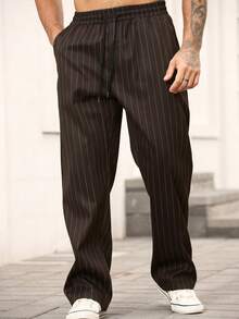 Manfinity Homme Pantalones rectos con cintura con cordón y estampado de rayas, adecuados para el uso diario - Café integral - Ver 4