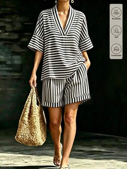 SHEIN Franclia 2pcs/Set Women's Casual Striped Top And Striped Pants, Suitable For Summer, Autumn And Winter