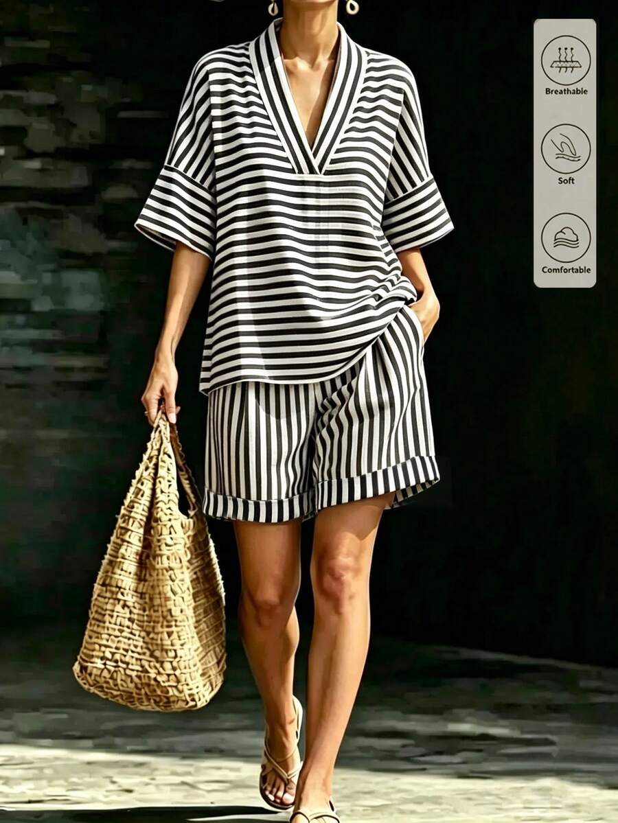 SHEIN Franclia Bộ 2 món áo và quần kẻ sọc nữ, thích hợp cho mùa hè, thu và đông. - Đen và trắng - Xem 1