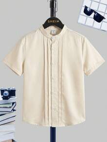 SHEIN Áo sơ mi dệt kim tay ngắn, xếp ly, cài một hàng khuy, dành cho bé trai tuổi teen - Màu be - Xem 3