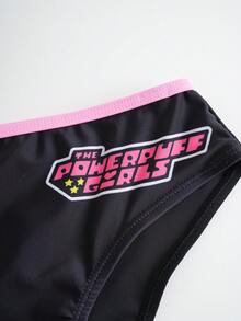 THE POWERPUFF GIRLS X SHEIN Bộ đồ bơi in hình hoạt hình dành cho bé gái tuổi teen - màu đen - Xem 6