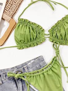 Swim Basics Summer Beach Ruched Bikini Set Frill Trim Halter Bra & Thong Bottom 2 Piece Bathing Suit - Green - View 4