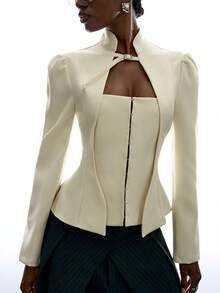 LYSMO Áo blazer nữ thời trang màu trơn có cúc cài - trắng - Xem 3