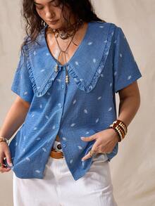 Nubod Summer New Blue Floral Fabric Navy Ruffle Collar Regular-Shoulder Short Sleeve Plus Size Blouse, Summer New Outfit, Casual Shirt, Open Front Shirt - Blue - View 5