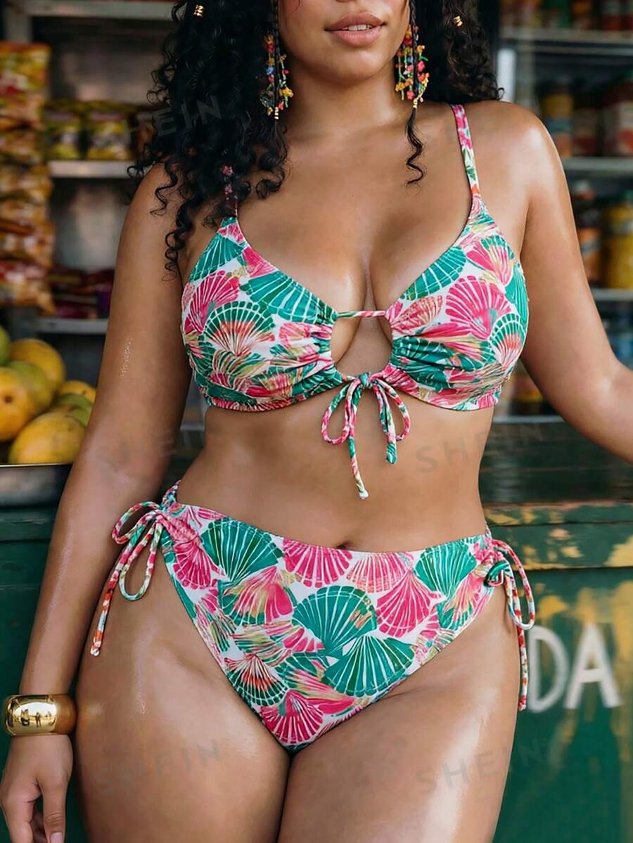 Swim Vcay Maillot de bain bikini triangle 2 pièces pour femmes grandes tailles, imprimé floral, bretelles spaghetti, nœud devant - Multicolore - Voir 1