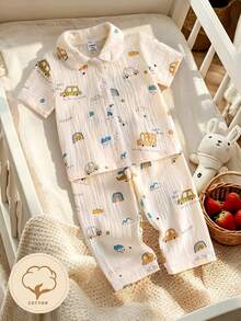 2pcs Baby Boy Casual Car Graphic Woven Short Sleeve Top And Relaxed Pants Set, Comfortable Outfit - Apricot - View 4
