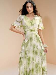 SHEIN Đầm dài tay dài cổ chữ V, thiết kế xếp ly eo, chất liệu vải dệt in kỹ thuật số, kiểu dáng thường ngày dành cho nữ. - màu xanh lá - Xem 4