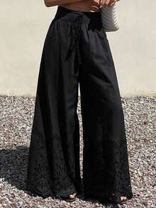 Livesso Women's Lace Tie-Up Hollow Out Solid Color Pants, White, Summer - Black - View 6