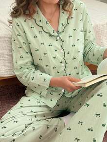 DAZY 2pcs Cute Bow & Cherry Print Contrast Color Embroidered Collar Women Pajama Set, Spring/Summer - Green - View 10