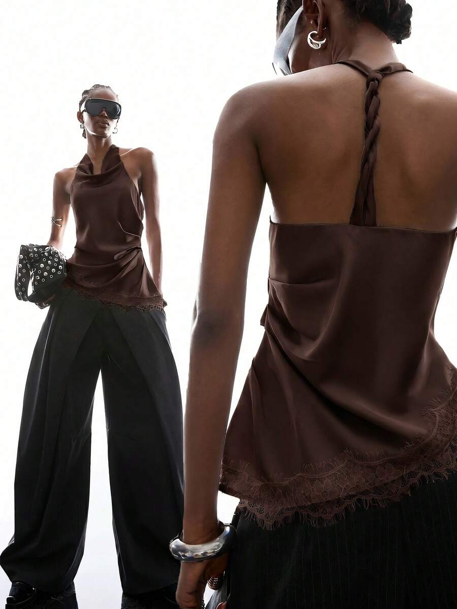 LYSMO 2026 Nuevo Top Minimalista Primavera/Verano para Mujer unicolor Dulce Encaje Patchwork Volantes Halter/Top de Verano/Conjunto de Verano para Mujer/Top de Verano sin Mangas y Espalda Descubierta para Mujer - Café integral - Ver 1
