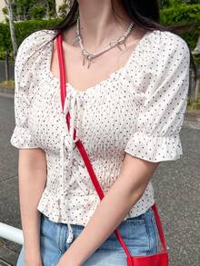 DAZY 女款黑白波點印花前綁帶抓皺休閒可愛T恤，度假夏季上衣 - 白色 - 查看 6