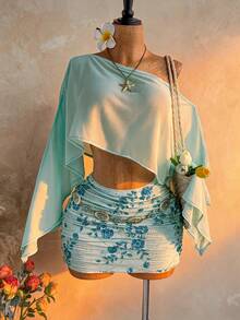 Soleia Bộ 2 món dành cho nữ: Áo khoác ngoài cổ lệch gợi cảm + Chân váy mini xếp ly đính đá bằng chiffon, trang phục thường ngày cho kỳ nghỉ biển, hẹn hò, tiệc trà chiều, đi biển, du thuyền, du lịch thành phố, lễ hội âm nhạc, tiệc tùng, kỳ nghỉ phong cách boho, đi làm hàng ngày, trang phục nghỉ dưỡng gợi cảm, chất liệu móc len, vải lanh. - Màu xanh bạc hà - Xem 1