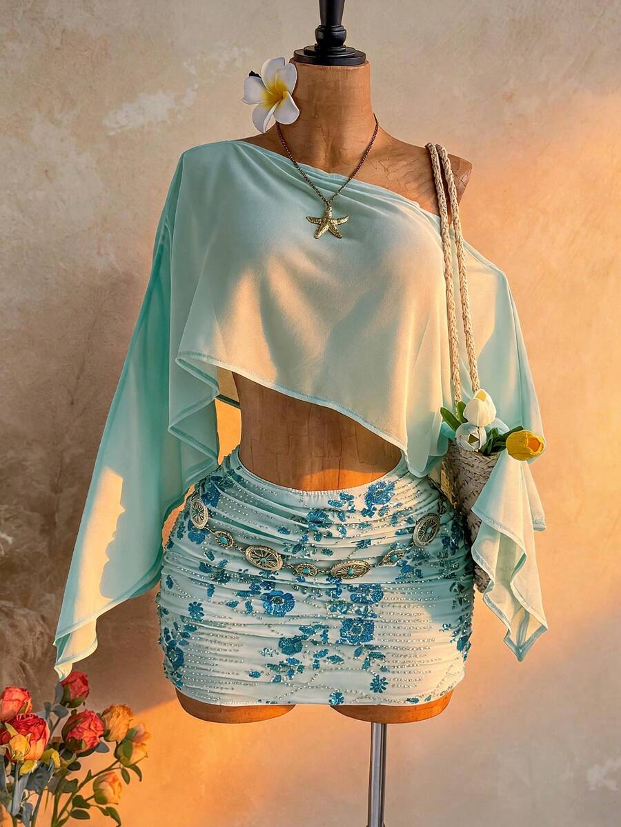 Soleia Bộ 2 món dành cho nữ: Áo khoác ngoài cổ lệch gợi cảm + Chân váy mini xếp ly đính đá bằng chiffon, trang phục thường ngày cho kỳ nghỉ biển, hẹn hò, tiệc trà chiều, đi biển, du thuyền, du lịch thành phố, lễ hội âm nhạc, tiệc tùng, kỳ nghỉ phong cách boho, đi làm hàng ngày, trang phục nghỉ dưỡng gợi cảm, chất liệu móc len, vải lanh. - Màu xanh bạc hà - Xem 1