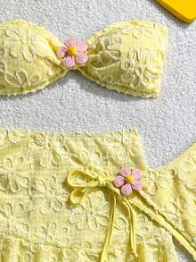 Swim Mod 3pcs Set: Lightweight Spaghetti Strap Crop Top, Tie Side Triangle Bottoms, And Ruffle Drawstring Mini Skirt - Yellow - View 4