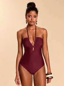 Traje de baño de una pieza con escote halter y espalda descubierta para playa y vacaciones - Burdeos - Ver 6