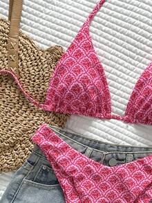 Swim Vcay Women's Tropical Print Halter Neck Bikini Set, Pink Triangle Cup Top And Bottom,Summer Boho Beach Vacation Holiday,Casual Elegant For Party - Multicolor - View 4