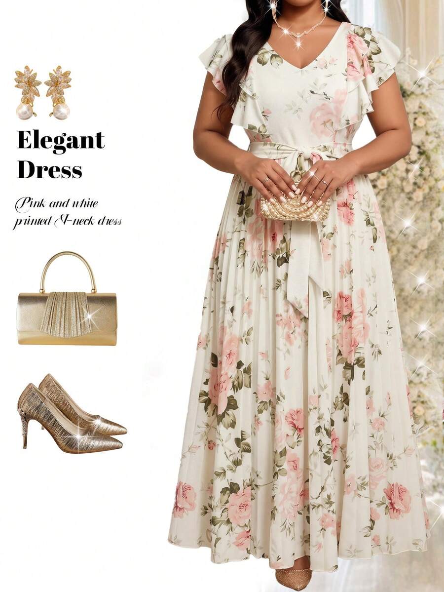 Fleurora Plus Size Elegant Brown Pleated Dress,Summer Bridal Wedding Guest Gym Dress,Long Tea Party Holiday Vacation Outfits For Women New Arrival - Multicolor - View 1
