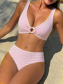 Swim Vcay Women's Striped Contrast Color Ring Buckle Bikini Set, Swimwear - Pink - View 3
