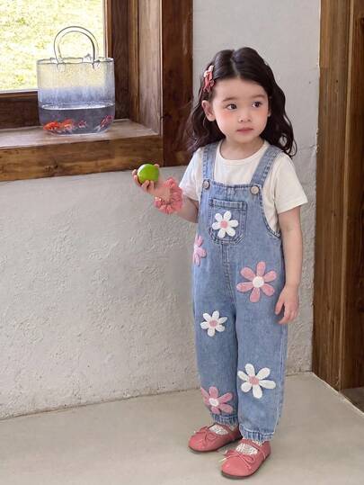 SHEIN 女婴水洗牛仔背带裤，碎花宽松连体裤