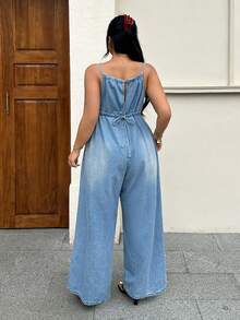 Rivivi Plus Size Women Casual Tie-Up Denim Jumpsuit For Summer - Medium Wash - View 2