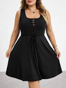 SHEIN CURVE+ 大码朋克风系带短裤和针织弹力紧身连衣裙 - 黑色 - 查看 3