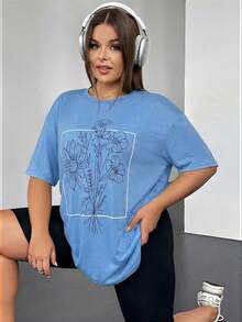 SHEIN EZwear 大码碎花落肩短袖T恤，浅蓝色 - 淺藍色 - 查看 4
