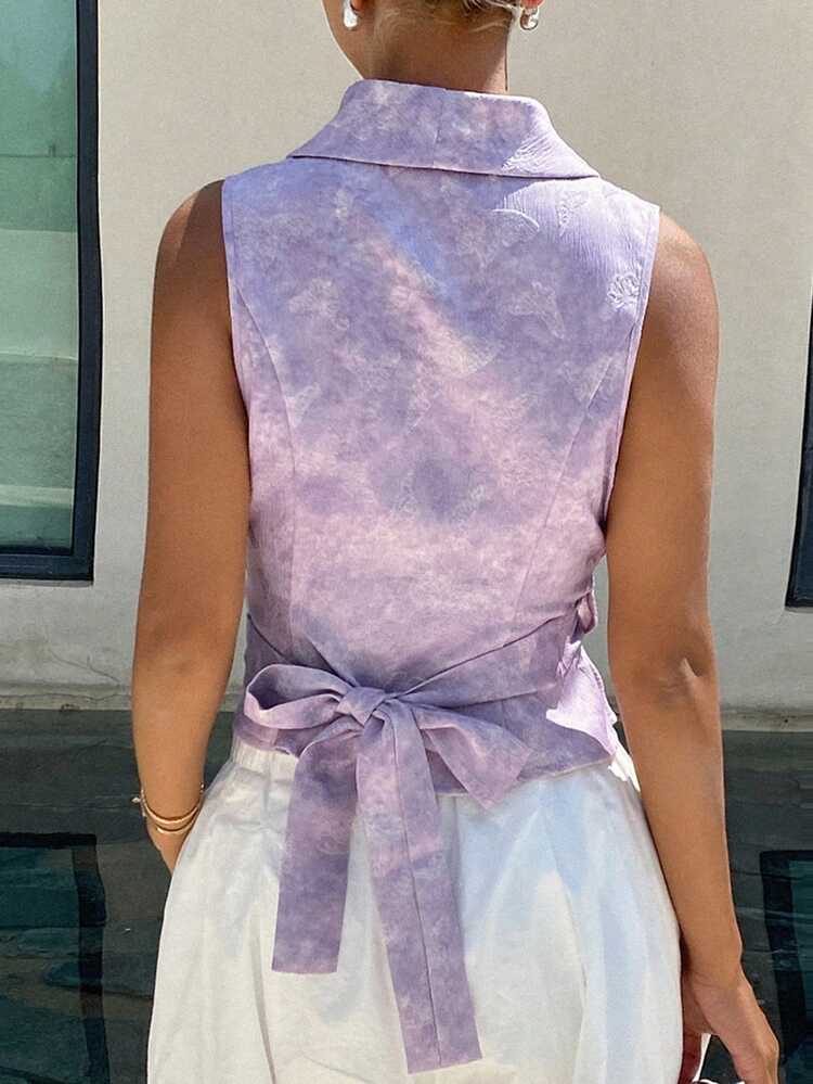 Tie-Dye Jacquard Fabric Waist-Cinched Oblique Lapel Tie-Up Sleeveless Elegant Resort & Formal Summer Top Vest For Women