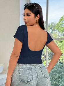 SHEIN EZwear Plus Size Solid Color Backless Fitted Summer Navy Blue Short Sleeve T-Shirt - Navy Blue - View 2