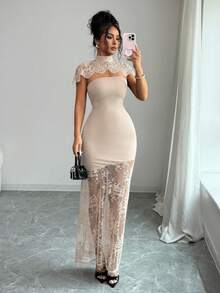 SHEIN Elenzya Vestido de manga corta ajustado, transparente, con parches de encaje y calado de unicolor - Albaricoque - Ver 4