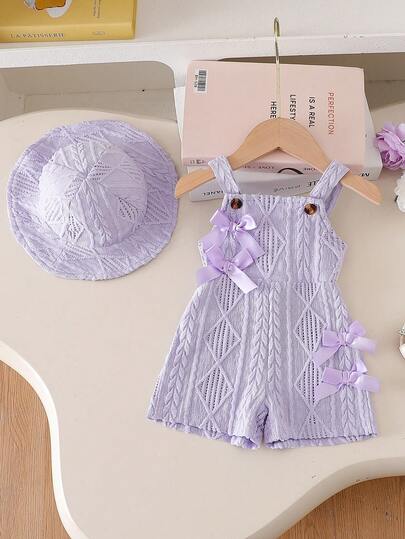SHEIN Vintaside Kids Bộ áo liền quần màu trơn cho bé sơ sinh, có nơ trang trí và mũ cùng màu.