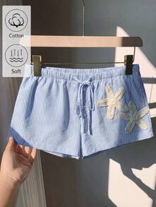 Franclia Quần short kẻ sọc mới cho nữ mùa xuân/hè, cạp thấp thắt nơ, họa tiết sao biển, kiểu dáng thanh lịch, thường ngày, lãng mạn. - Màu xanh nhạt - Xem 1