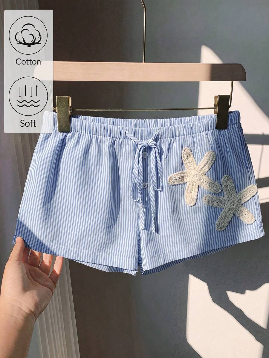 Franclia Quần short kẻ sọc mới cho nữ mùa xuân/hè, cạp thấp thắt nơ, họa tiết sao biển, kiểu dáng thanh lịch, thường ngày, lãng mạn. - Màu xanh nhạt - Xem 1