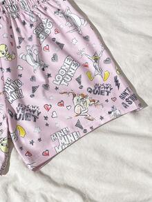 LOONEY TUNES X SHEIN GraphicGems Tween-Mädchen Sommer Schlafanzug-Set, süßer X Kollektion Muster, flammhemmendes Milchseide, weich & bequem Cardigan mit Kragen & Shorts, 2-teiliger Pyjama - Pink - Übersicht 5