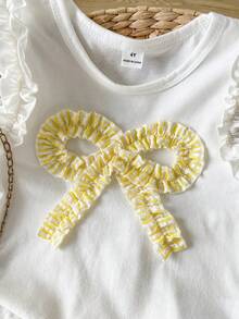 SHEIN Playful Pals Setelan Atasan Camisole Rajut Jacquard Warna Gading dengan Hiasan Ruffle dan Celana Pendek Warna Pink dengan Hiasan Ruffle untuk Anak Perempuan (Ukuran Kecil), Pakaian Musim Panas Bayi yang Lucu dan Menggemaskan - Kuning - View 6