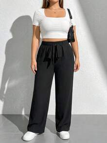 SHEIN PETITE CURVE Quần dài nữ cỡ lớn màu đen kiểu dáng thường ngày có dây buộc eo - màu đen - Xem 12