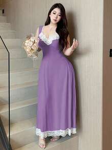 Vibekara Plus Size Diamond Collar Ribbed Contrast Ruffle Cap Sleeve Dress - Purple - View 5