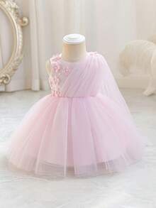 Glamorique Kids 女婴粉色薄纱连衣裙，饰有3D立体花朵串珠，无袖公主裙，适合生日、婚礼、舞台表演、派对、度假等场合，四季皆宜。 - 粉色 - 查看 5
