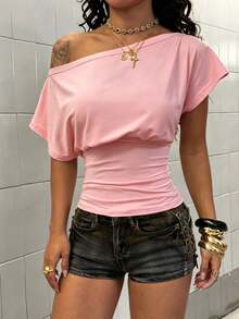 StreetHx Women's Spring/Autumn Asymmetrical Shoulder Short Sleeve Fitted White T-Shirt - Pink - View 3